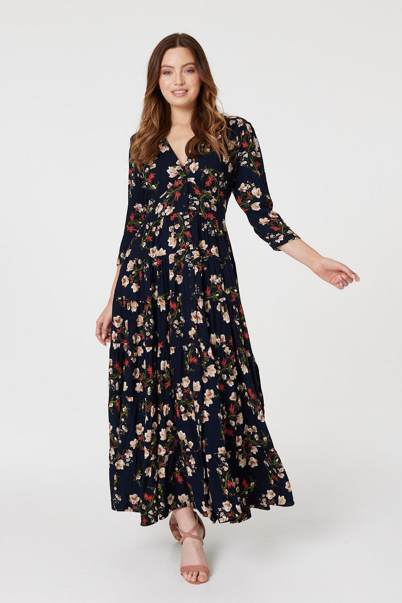 Navy | Floral Buttoned Front Maxi Dress
