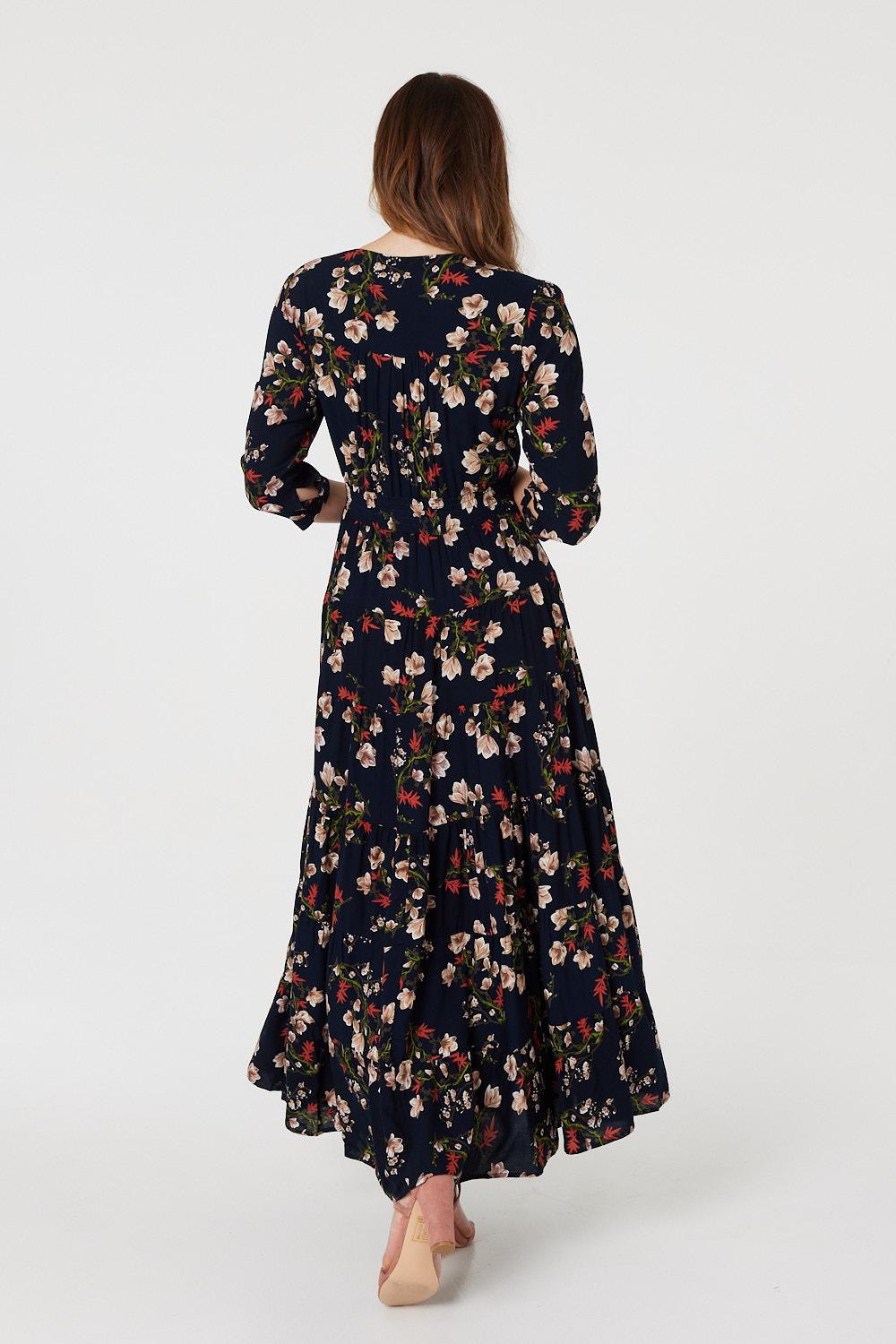 Navy | Floral Buttoned Front Maxi Dress