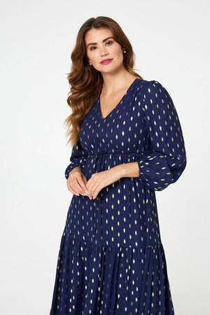 Navy | Metallic Print V-Neck Tiered Maxi Dress
