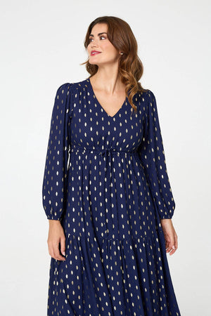 Navy | Metallic Print V-Neck Tiered Maxi Dress
