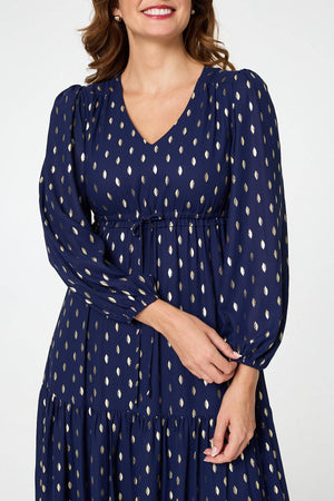 Navy | Metallic Print V-Neck Tiered Maxi Dress
