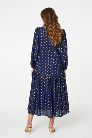 Navy | Metallic Print V-Neck Tiered Maxi Dress
