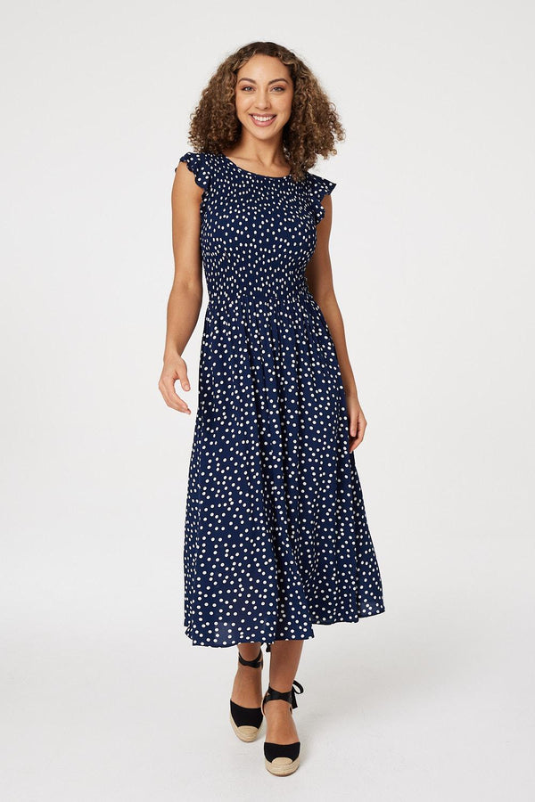 Navy | Polka Dot Cap Sleeve Midi Dress