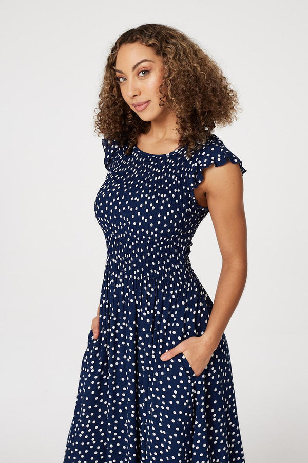 Navy | Polka Dot Cap Sleeve Midi Dress