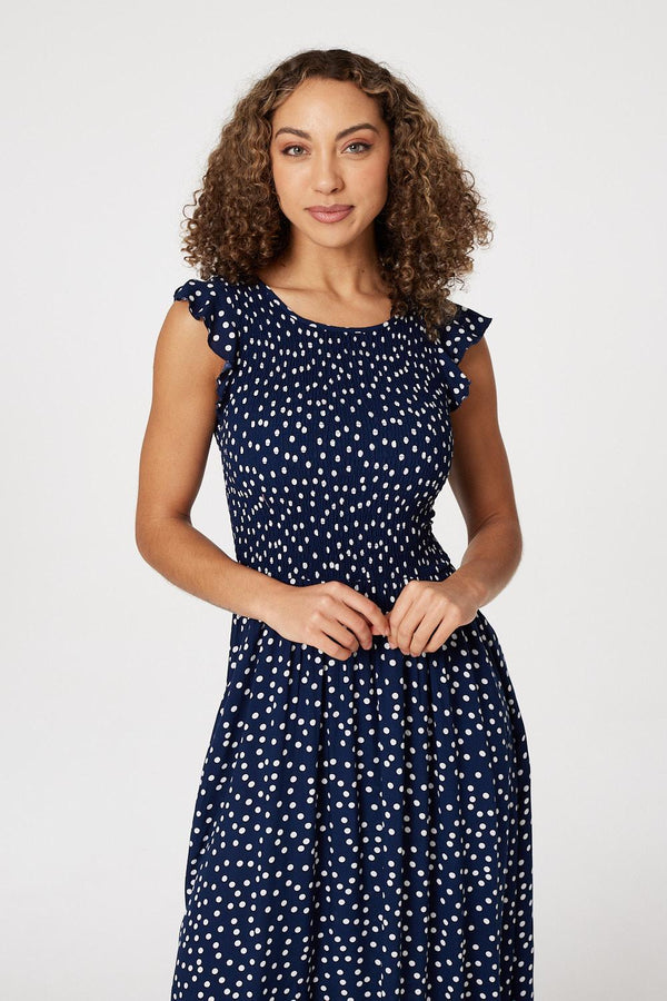 Navy | Polka Dot Cap Sleeve Midi Dress