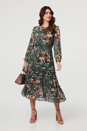 Green | Floral Tiered Long Sleeve Midi Dress