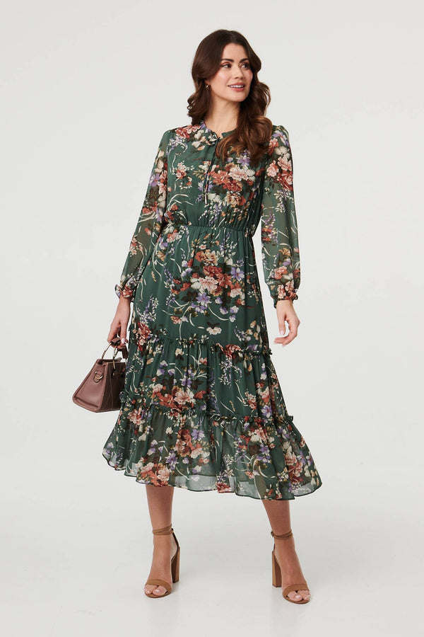Green | Floral Tiered Long Sleeve Midi Dress