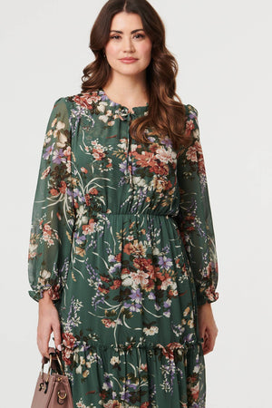 Green | Floral Tiered Long Sleeve Midi Dress