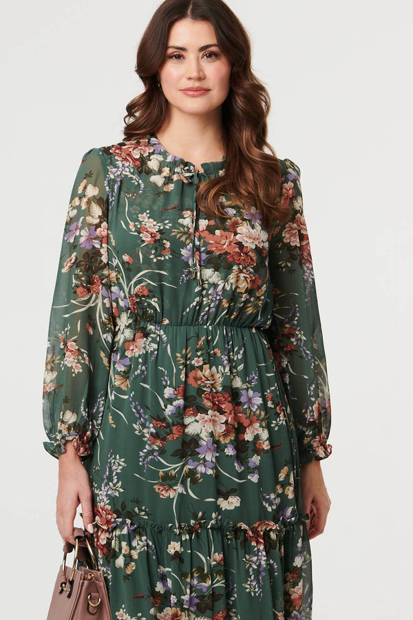 Green | Floral Tiered Long Sleeve Midi Dress