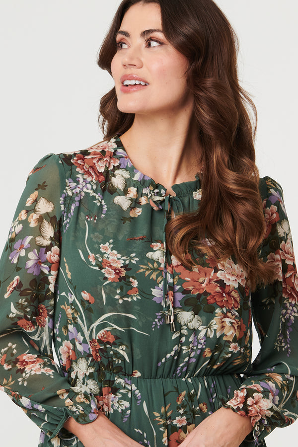 Green | Floral Tiered Long Sleeve Midi Dress