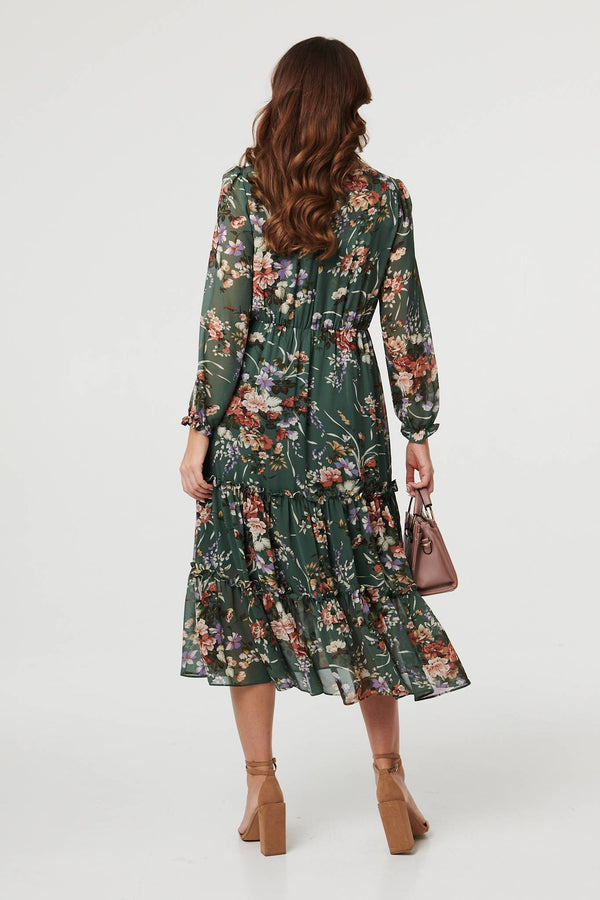 Green | Floral Tiered Long Sleeve Midi Dress