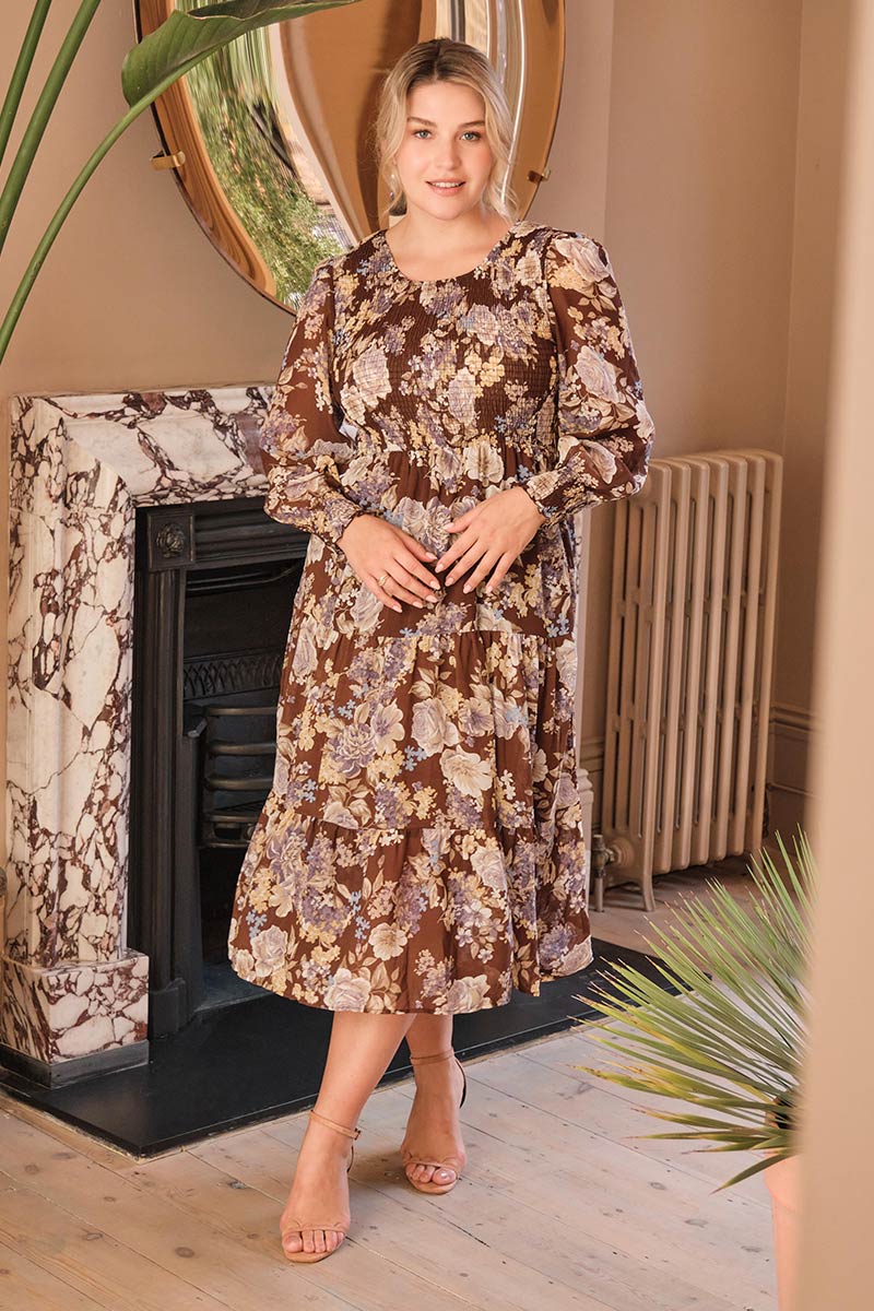Brown | Floral Shirred Midi Dress