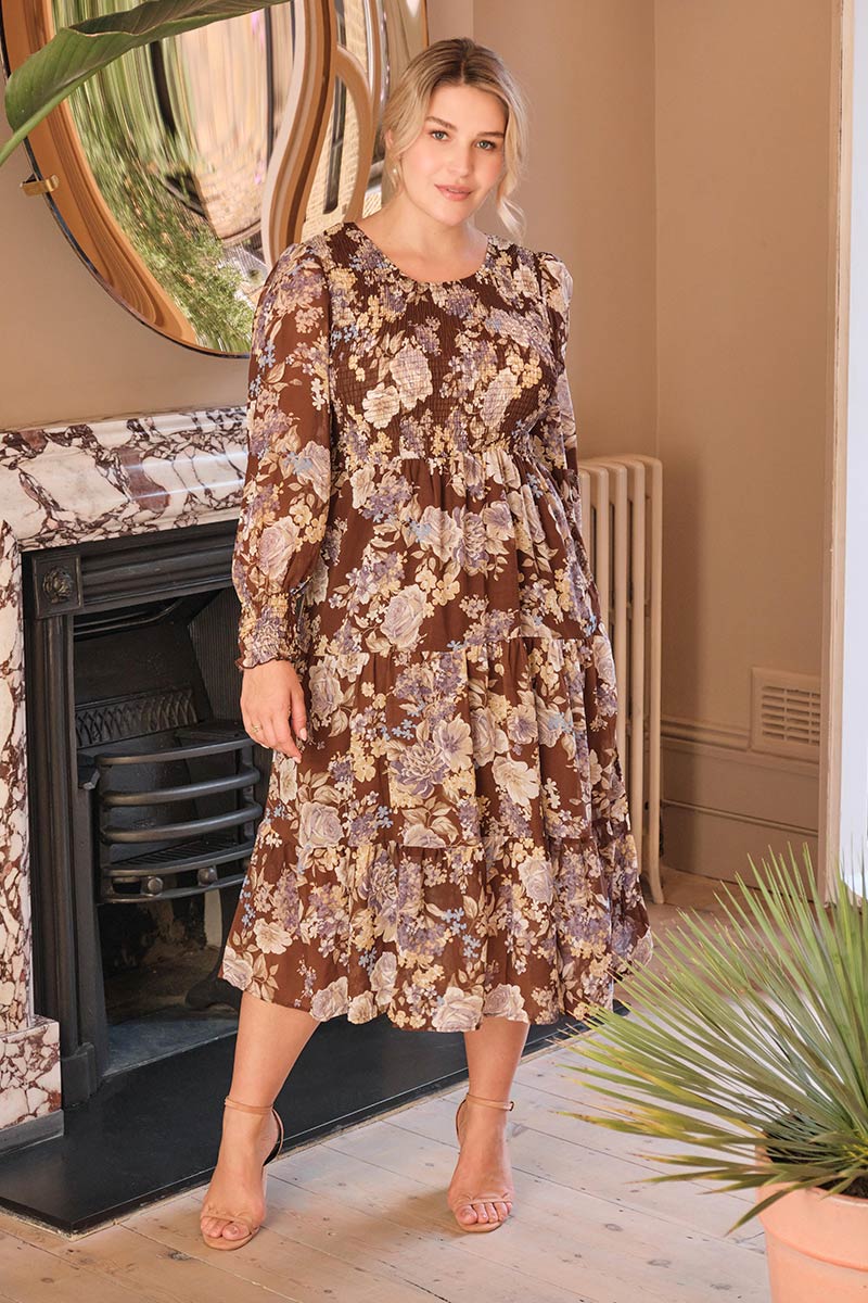 Brown | Floral Shirred Midi Dress