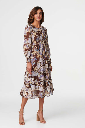 Brown | Floral Shirred Midi Dress