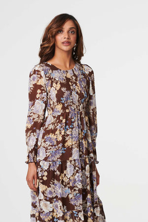 Brown | Floral Shirred Midi Dress
