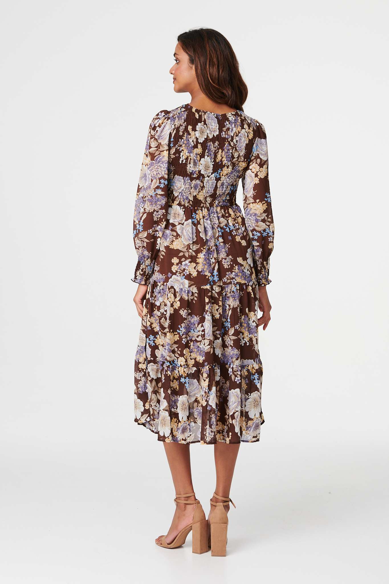 Brown | Floral Shirred Midi Dress
