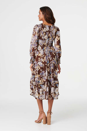 Brown | Floral Shirred Midi Dress