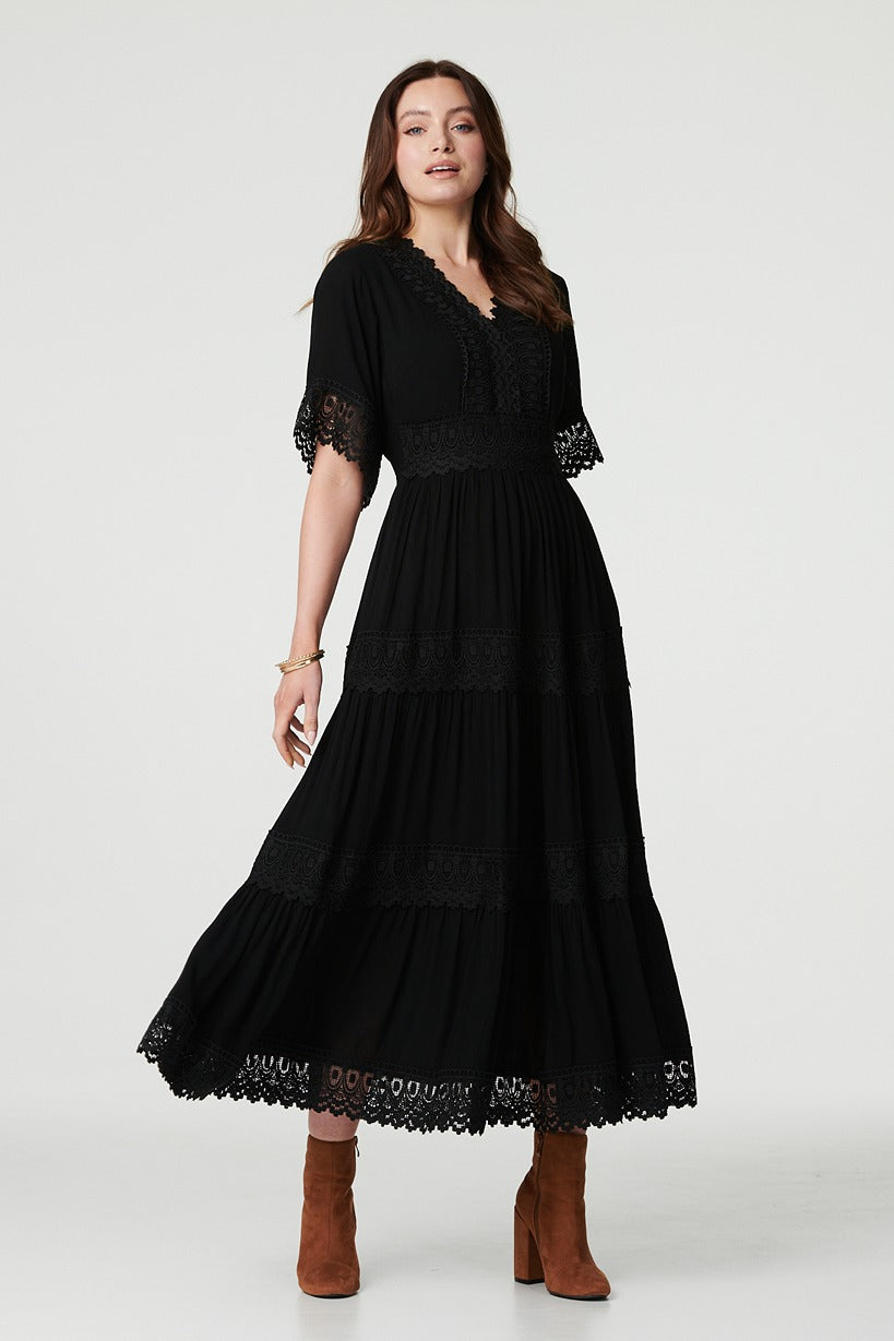 Black | Short Sleeve Crochet Maxi Dress
