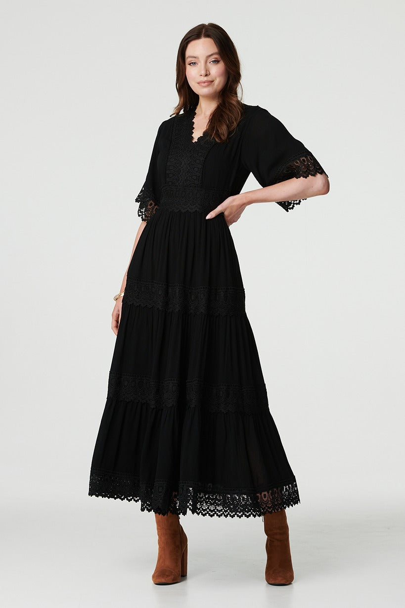 Black | Short Sleeve Crochet Maxi Dress : Model is 5'9"/175 cm and wears UK8/EU36/US4/AUS8