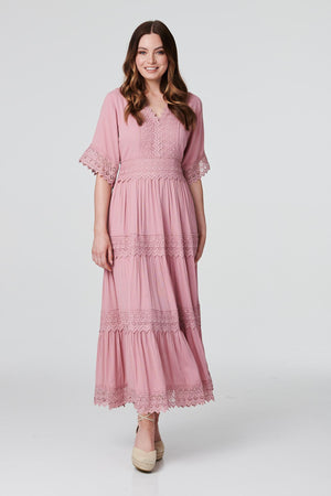 Pink | Short Sleeve Crochet Maxi Dress