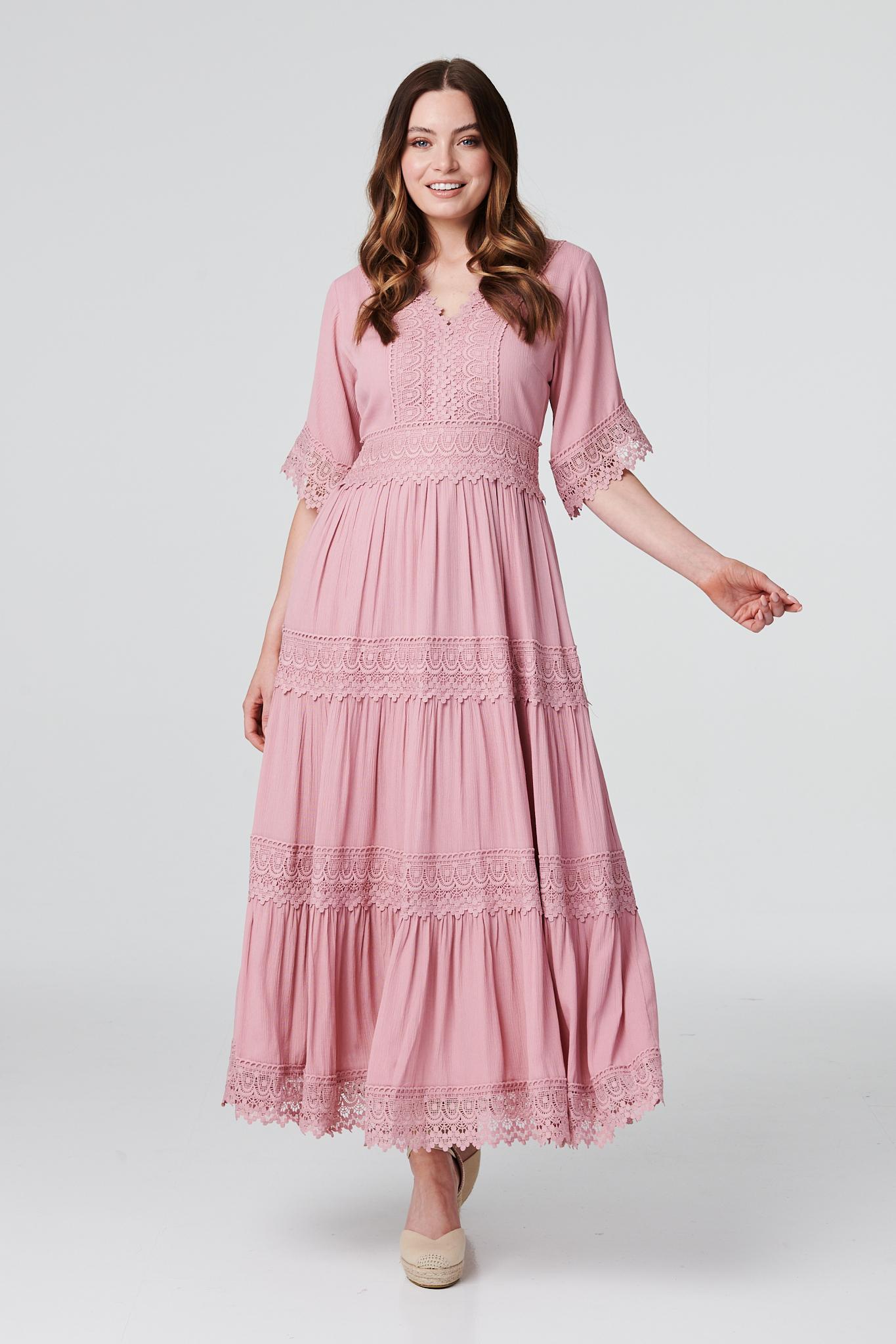 Pink | Short Sleeve Crochet Maxi Dress : Model is 5'9"/175 cm and wears UK8/EU36/US4/AUS8