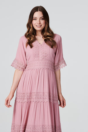 Pink | Short Sleeve Crochet Maxi Dress