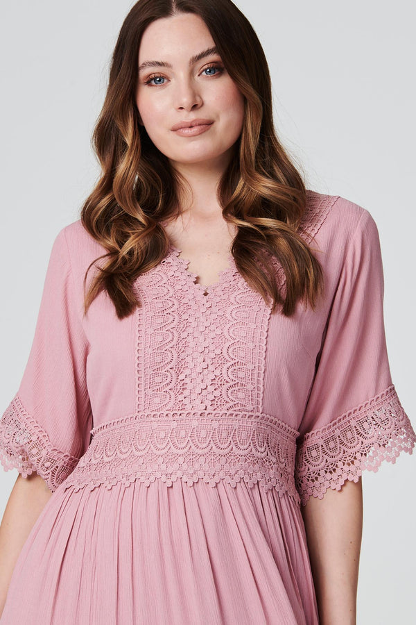 Pink | Short Sleeve Crochet Maxi Dress