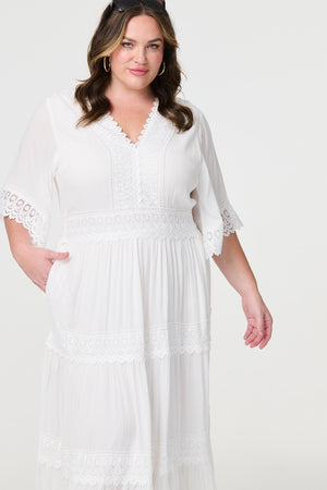 White | Short Sleeve Crochet Maxi Dress : Model is 5'8