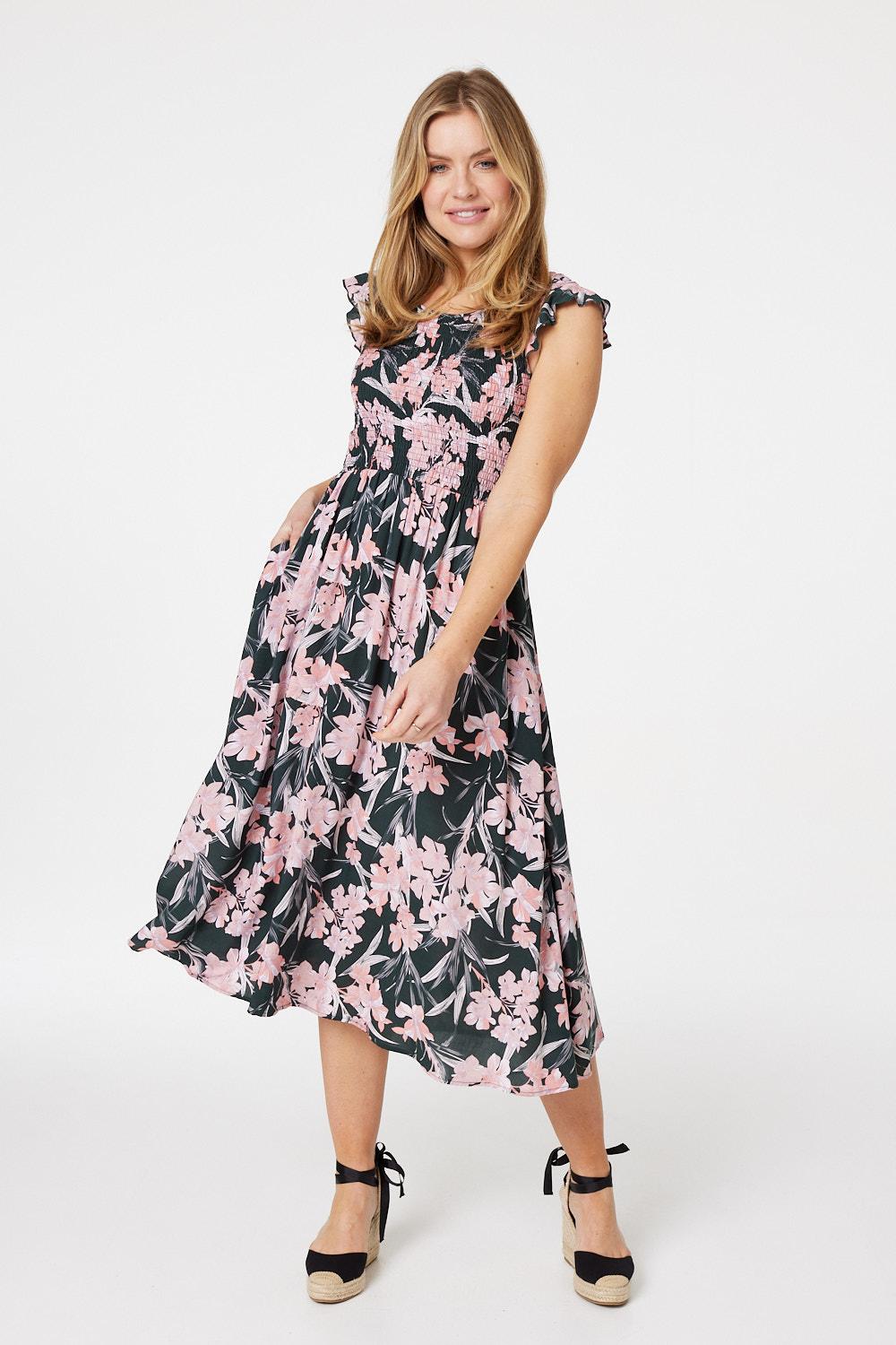 Green | Floral Smocked A-Line Midi Dress