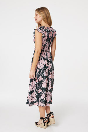 Green | Floral Smocked A-Line Midi Dress
