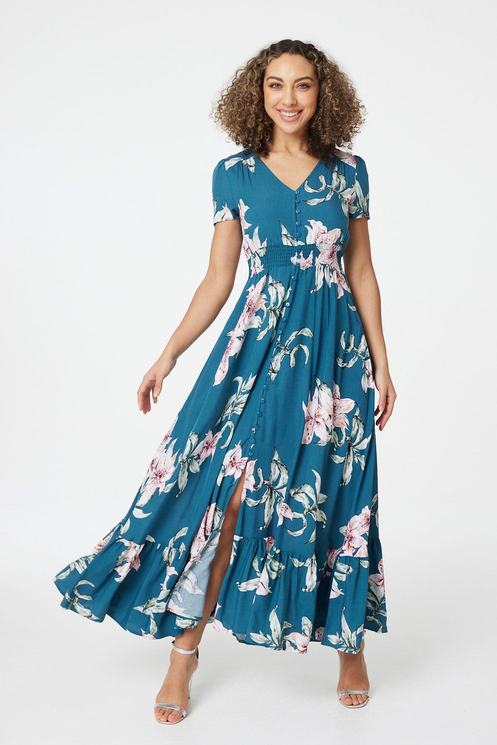 Teal | Floral Fit & Flare Maxi Dress