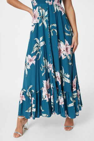 Teal | Floral Fit & Flare Maxi Dress
