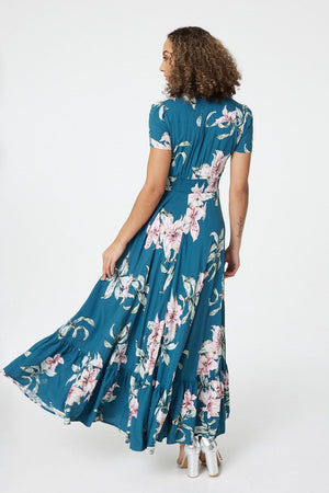 Teal | Floral Fit & Flare Maxi Dress