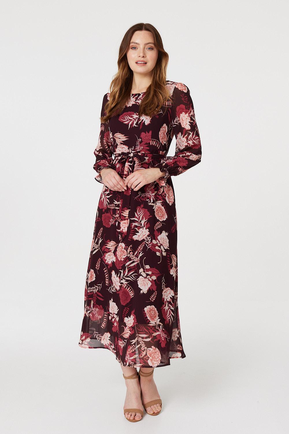OURS Women's Long Sleeve Maxi Dress - Crewneck, Solid Color, Elastic Waist, Side Pockets, Slim Fit (Wine Red, Size S)
