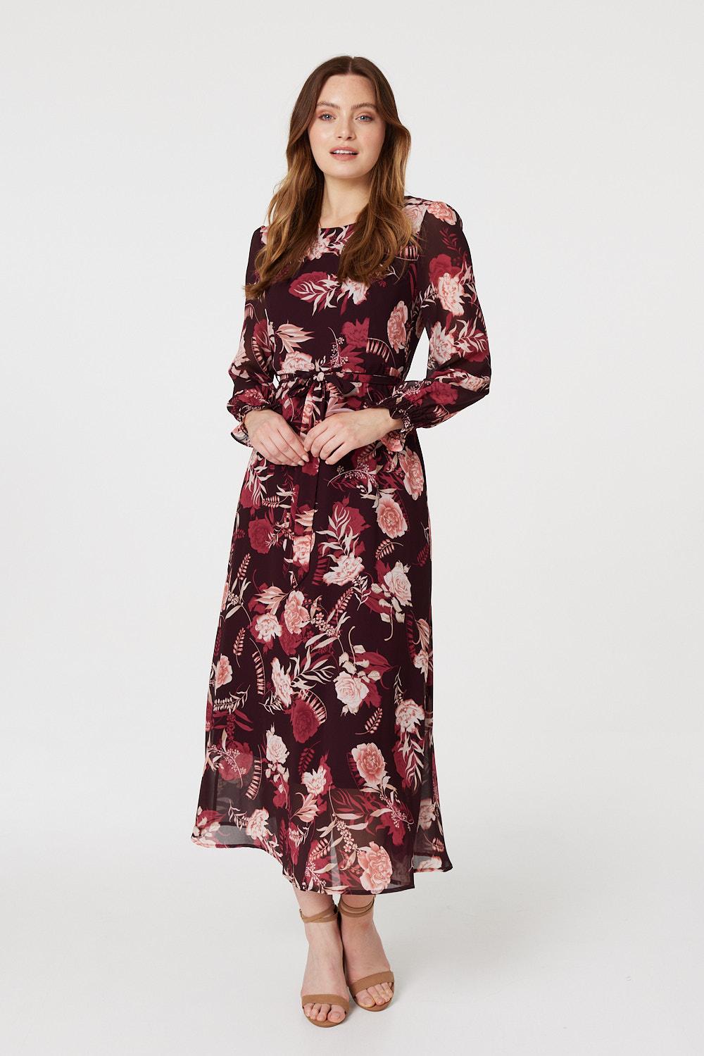 Burgundy | Floral Long Sleeve A-Line Dress