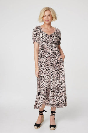 Beige | Animal Print Tie Front Midi Dress