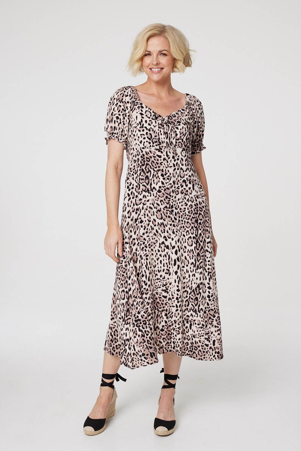 Beige | Animal Print Tie Front Midi Dress
