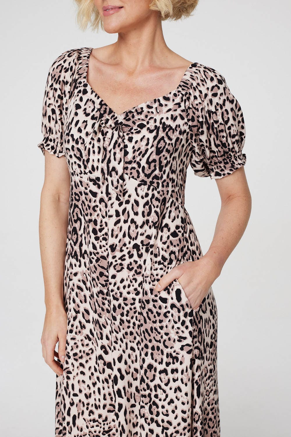 Beige | Animal Print Tie Front Midi Dress