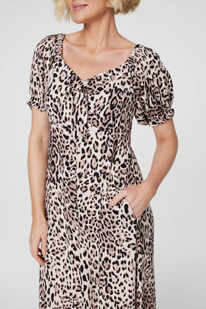 Beige | Animal Print Tie Front Midi Dress