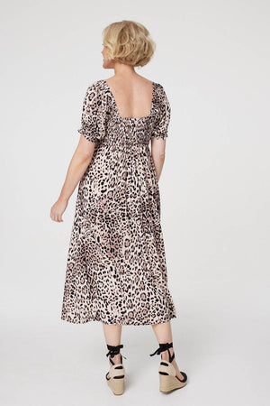 Beige | Animal Print Tie Front Midi Dress