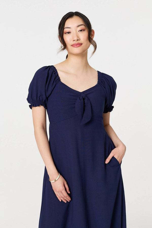 Navy | Tie Front Detail Midi Dress
