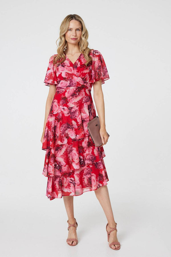 Red | Floral Asymmetric Ruffled Midi Dress 