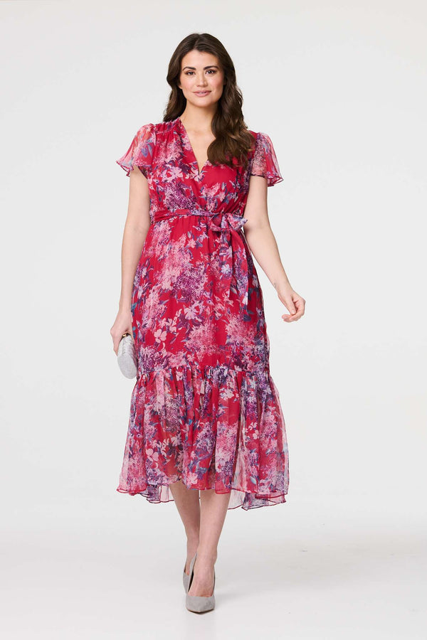 Pink | Floral Short Sleeve Tiered Midi Dress