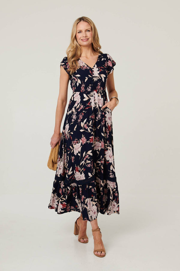 Navy | Floral Cap Sleeve Shirred Maxi Dress