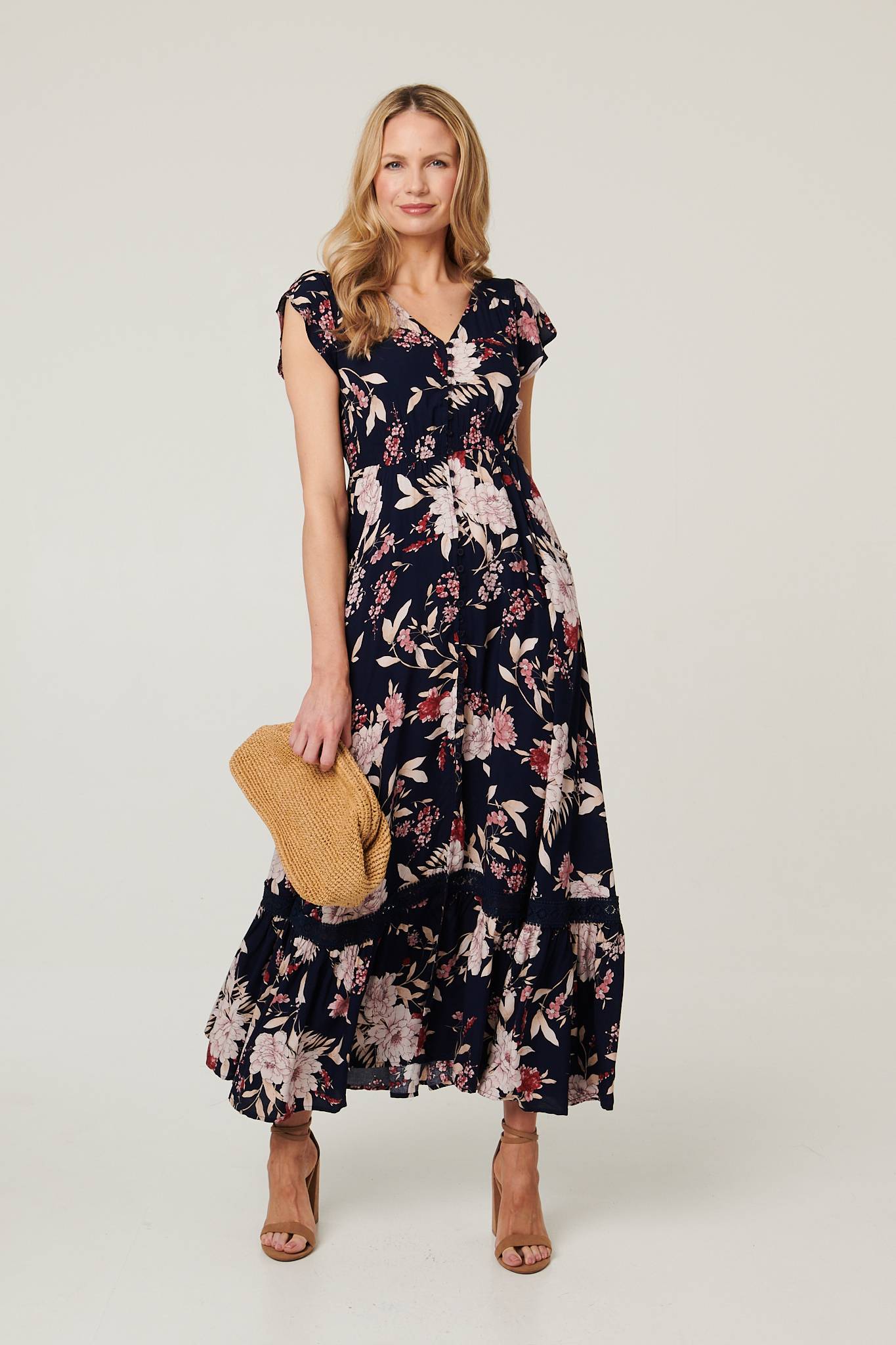 Floral Cap Sleeve Shirred Maxi Dress