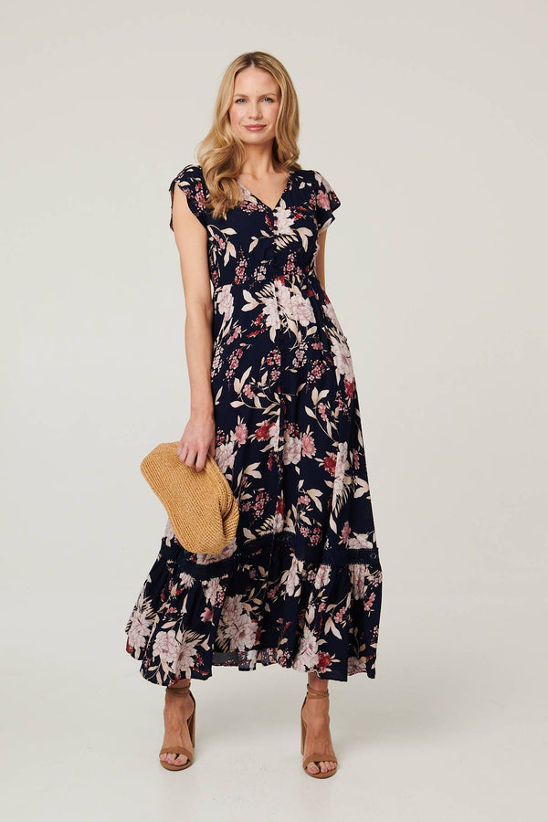 Navy | Floral Cap Sleeve Shirred Maxi Dress