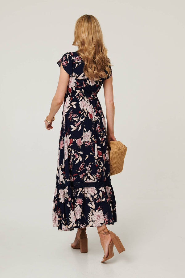 Navy | Floral Cap Sleeve Shirred Maxi Dress