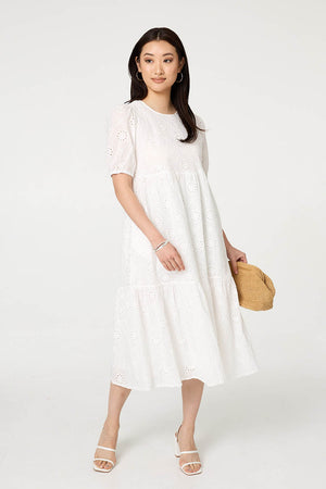 White | Broderie Anglaise Tiered Midi Dress