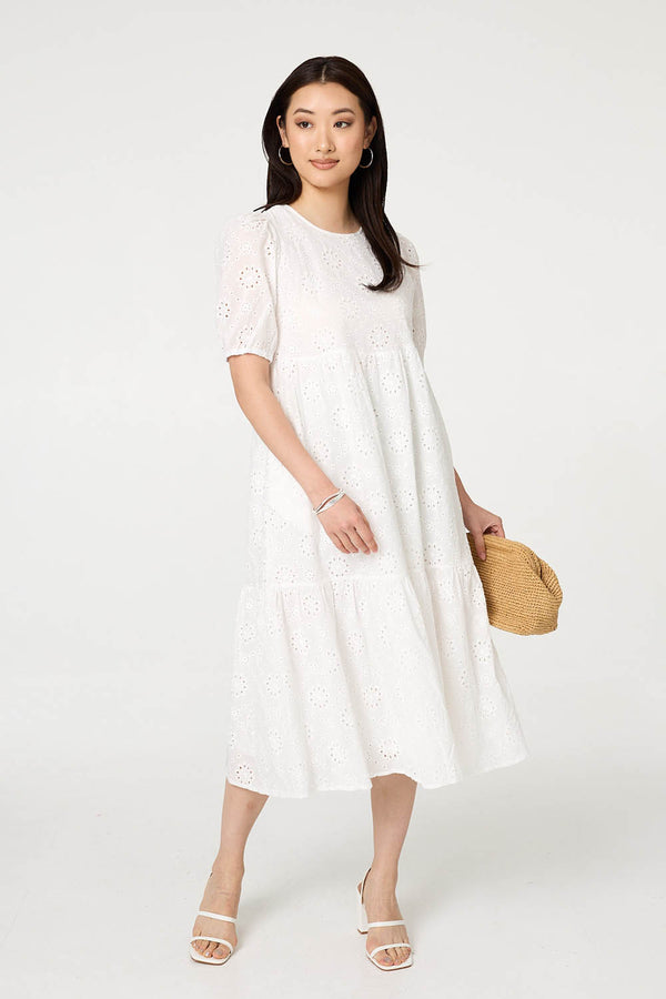 White | Broderie Anglaise Tiered Midi Dress