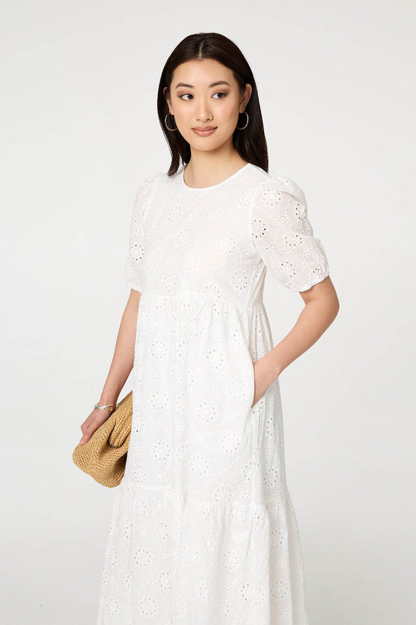 White | Broderie Anglaise Tiered Midi Dress
